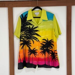 Vintage Diane Gilman Silk Tropical Sunset Button Up Shirt 2X Lime Sequin Rave